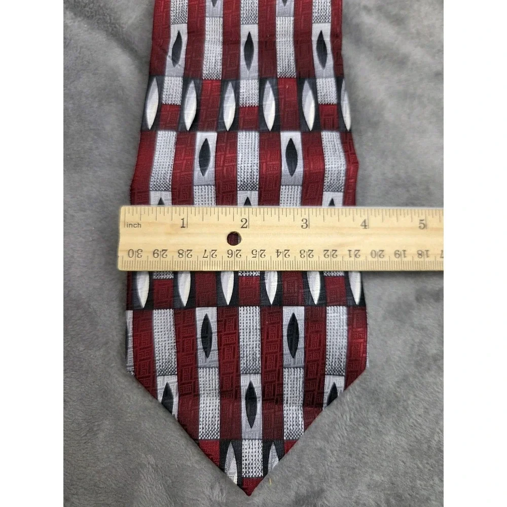 Pierre Cardin Silk Tie Retro Red Black‎ Silver Geometric